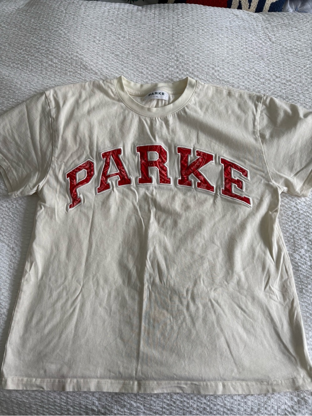 Parke Cream Short-Sleeve Tee with Red Bandanna Print Logo